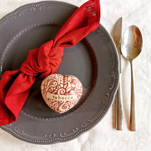 Load image into Gallery viewer, Our handmade ceramic custom place settings are a stunning alternative to flimsy paper place cards. They provide a memorable way to guide your friends and family to the right seats at your reception or shower. Additionally, the charming ceramic hearts make wonderful keepsakes to treasure after the celebration is over.
