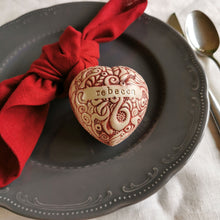 Load image into Gallery viewer, Our handmade ceramic custom place settings are a stunning alternative to flimsy paper place cards. They provide a memorable way to guide your friends and family to the right seats at your reception or shower. Additionally, the charming ceramic hearts make wonderful keepsakes to treasure after the celebration is over.
