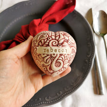 Load image into Gallery viewer, Our handmade ceramic custom place settings are a stunning alternative to flimsy paper place cards. They provide a memorable way to guide your friends and family to the right seats at your reception or shower. Additionally, the charming ceramic hearts make wonderful keepsakes to treasure after the celebration is over.
