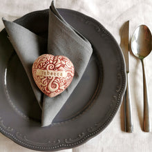 Load image into Gallery viewer, Our handmade ceramic custom place settings are a stunning alternative to flimsy paper place cards. They provide a memorable way to guide your friends and family to the right seats at your reception or shower. Additionally, the charming ceramic hearts make wonderful keepsakes to treasure after the celebration is over.
