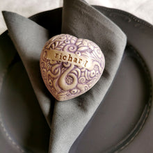 Load image into Gallery viewer, Our handmade ceramic custom place settings are a stunning alternative to flimsy paper place cards. They provide a memorable way to guide your friends and family to the right seats at your reception or shower. Additionally, the charming ceramic hearts make wonderful keepsakes to treasure after the celebration is over.
