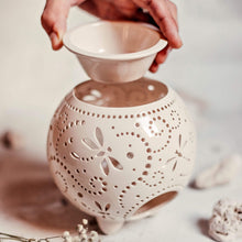 Load image into Gallery viewer, Wax melt warmer is made out of ceramic and hand-carved to perfection. Ceramic candle holder will bring coziness to any room in the house. Wax melt warmer is essential for decorating any household. Candle holder - wax warmer will delight new settlers.
