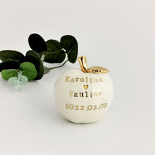 Load image into Gallery viewer, Wedding cake topper. Celebrate the apple of your eye with this adorable fruit! Handcrafted engraved with the love of your life’s new name is the perfect wedding gift. Give them something they’ll remember, something that will last for years and years!
