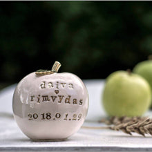 Load image into Gallery viewer, Wedding cake topper. Celebrate the apple of your eye with this adorable fruit! Handcrafted engraved with the love of your life’s new name is the perfect wedding gift. Give them something they’ll remember, something that will last for years and years!
