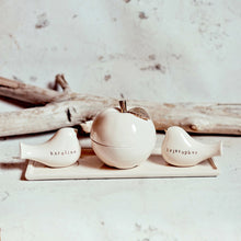 Load image into Gallery viewer, Personalized Love Birds Cake Toppers &amp; Ceramic Apple Bowl Set - Gift for Couples - CozyHomeIdeas
