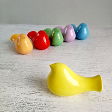 Load image into Gallery viewer, Celebrate spring with these cheerful ceramic bird figurines! Ceramic bird figurines available in pastel rainbow colors these sweet bird figures can be used for home decor or as cake toppers. Bird can be used to announce the arrival of a rainbow baby!
